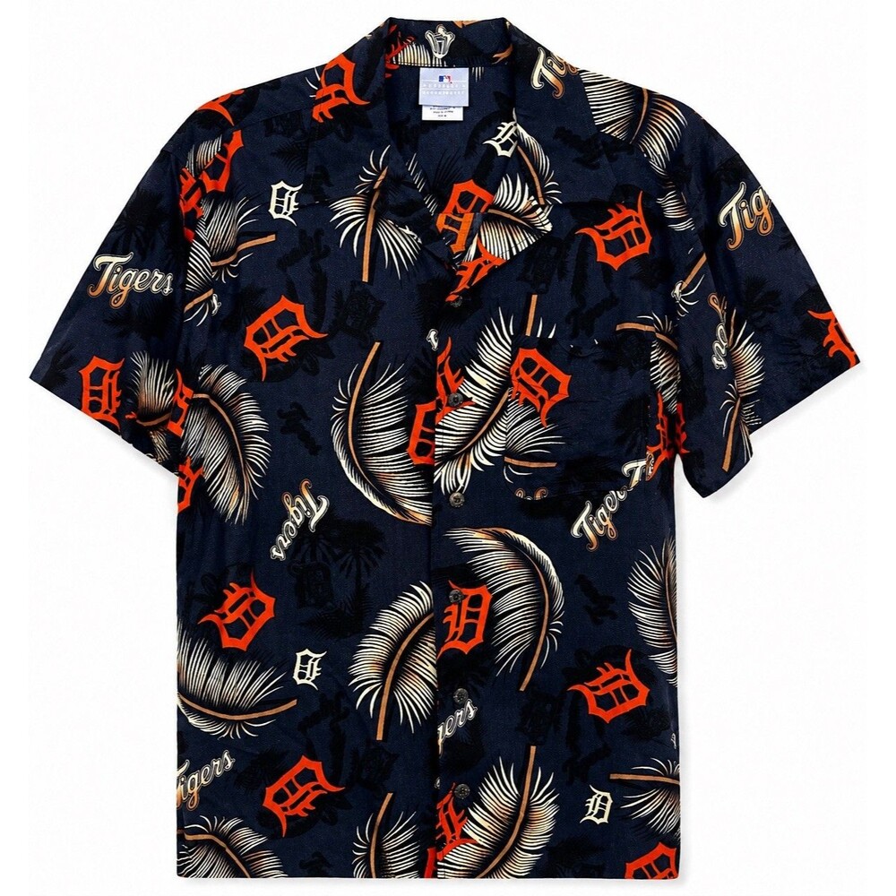 Detroit Tigers MLB Hawaiian Camp Shirt Mens Medium Navy Rayon Button Front Aloha